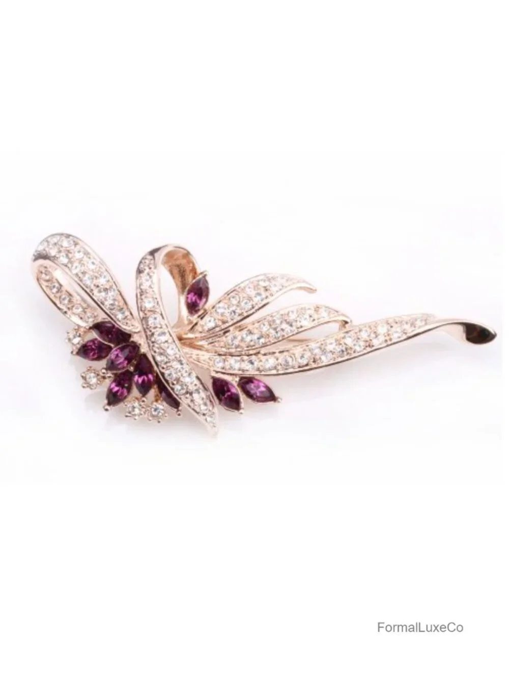 Rose Gold Plated Statement Brooch Pin for Women, Vintage Art Deco Floral CZ